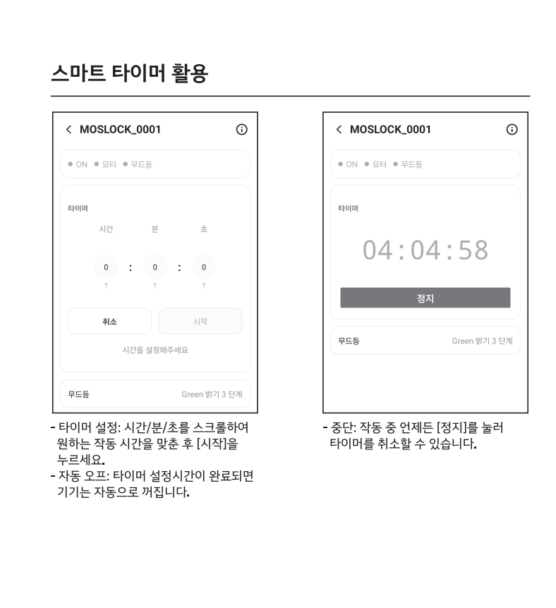 시간 설정과 타이머 시작 및 중지를 보여주는 실제 매뉴얼 패널