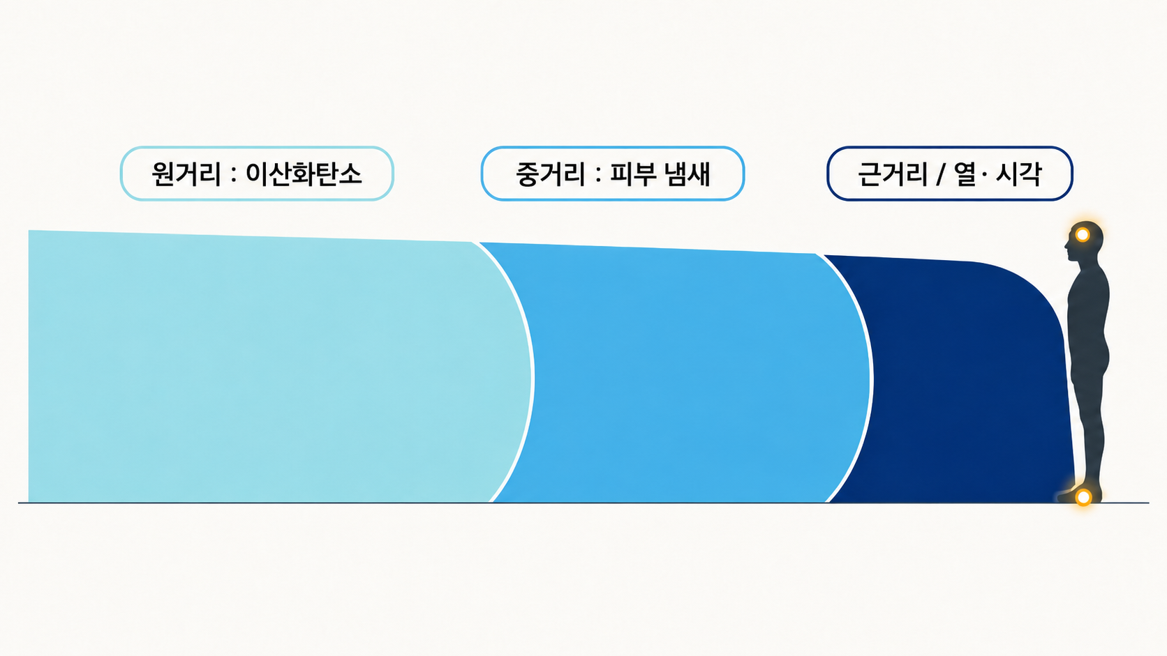 이산화탄소, 피부 냄새, 열과 시각으로 모기가 사람을 찾는 과정을 단순화한 그림